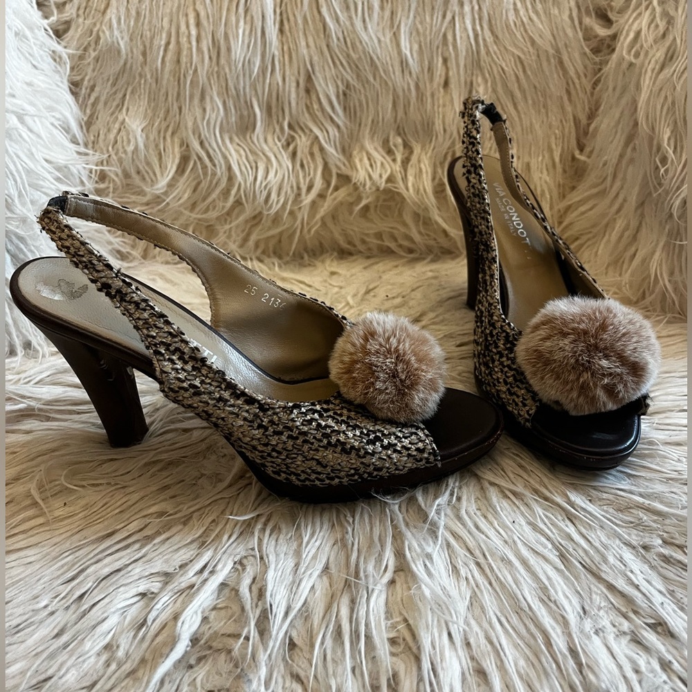 Brown and cream peep toe sling back with pom-pom